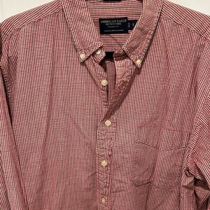 American Eagle Mens Chambray Shirt Red Brown Plaid Long Sleeve Button Down L